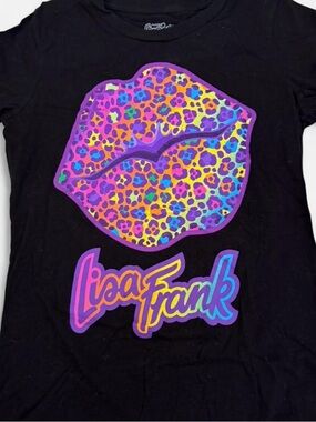 Lisa Frank Black Tee with Rainbow Leopard Lip and Colorful Logo